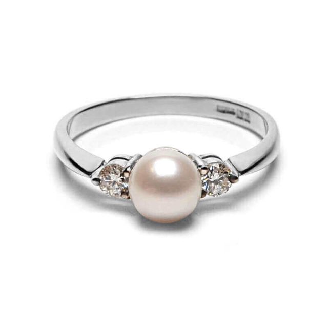 Three stone pearl and diamond ring front view