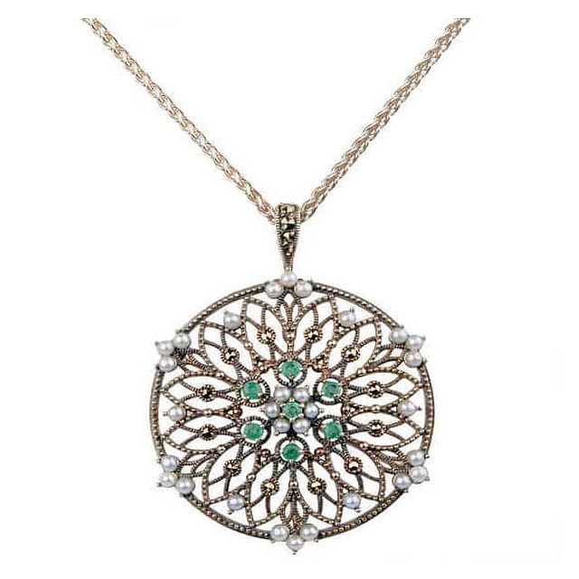 Antique Style Silver Freshwater Cultured Pearl Emerald & Marcasite Brooch/Pendant