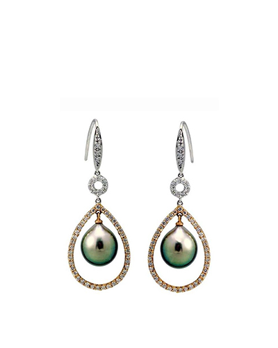 Tahitian Pearl & Diamond Bi Colour Hook-Wire Earrings | 18ct Gold