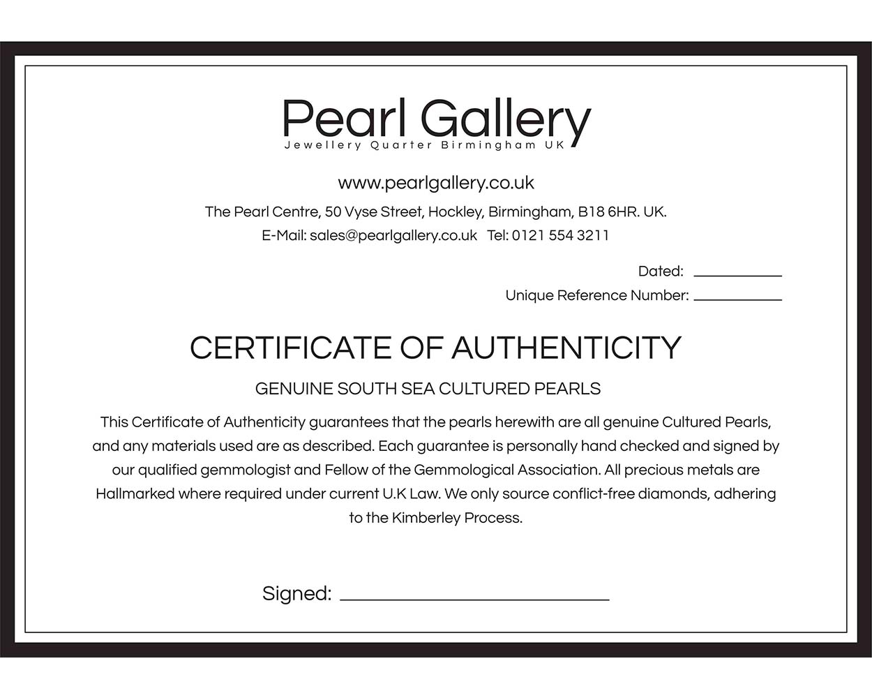 South Sea Certificate of Authenticity