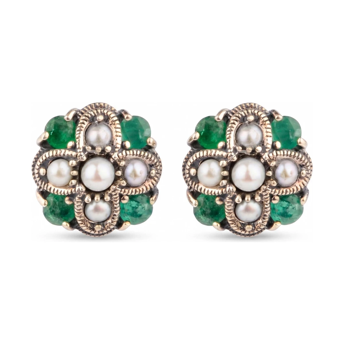 Emerald and Freshwater Seed Pearl Stud Earrings  |  Silver