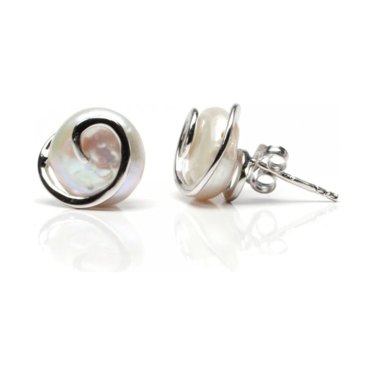Swirl Design Coin Pearl Stud Earrings  |  Silver 