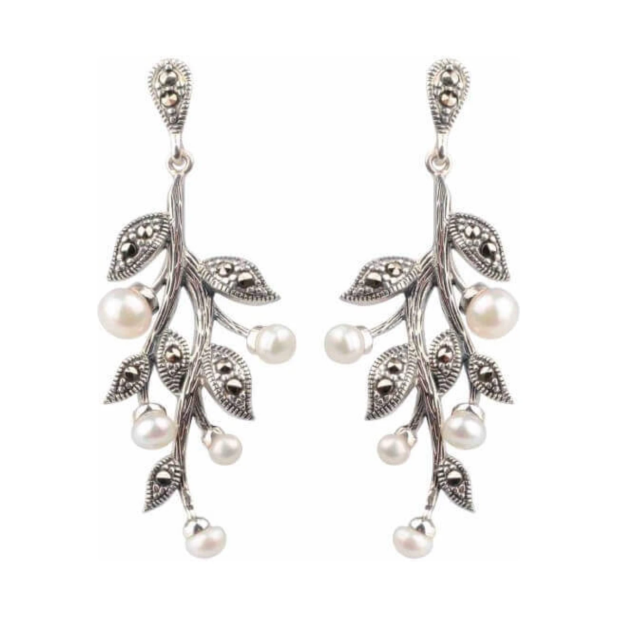 Freshwater Cultured Pearl & Marcasite Foliate Design Drop Earrings  |  Silver 