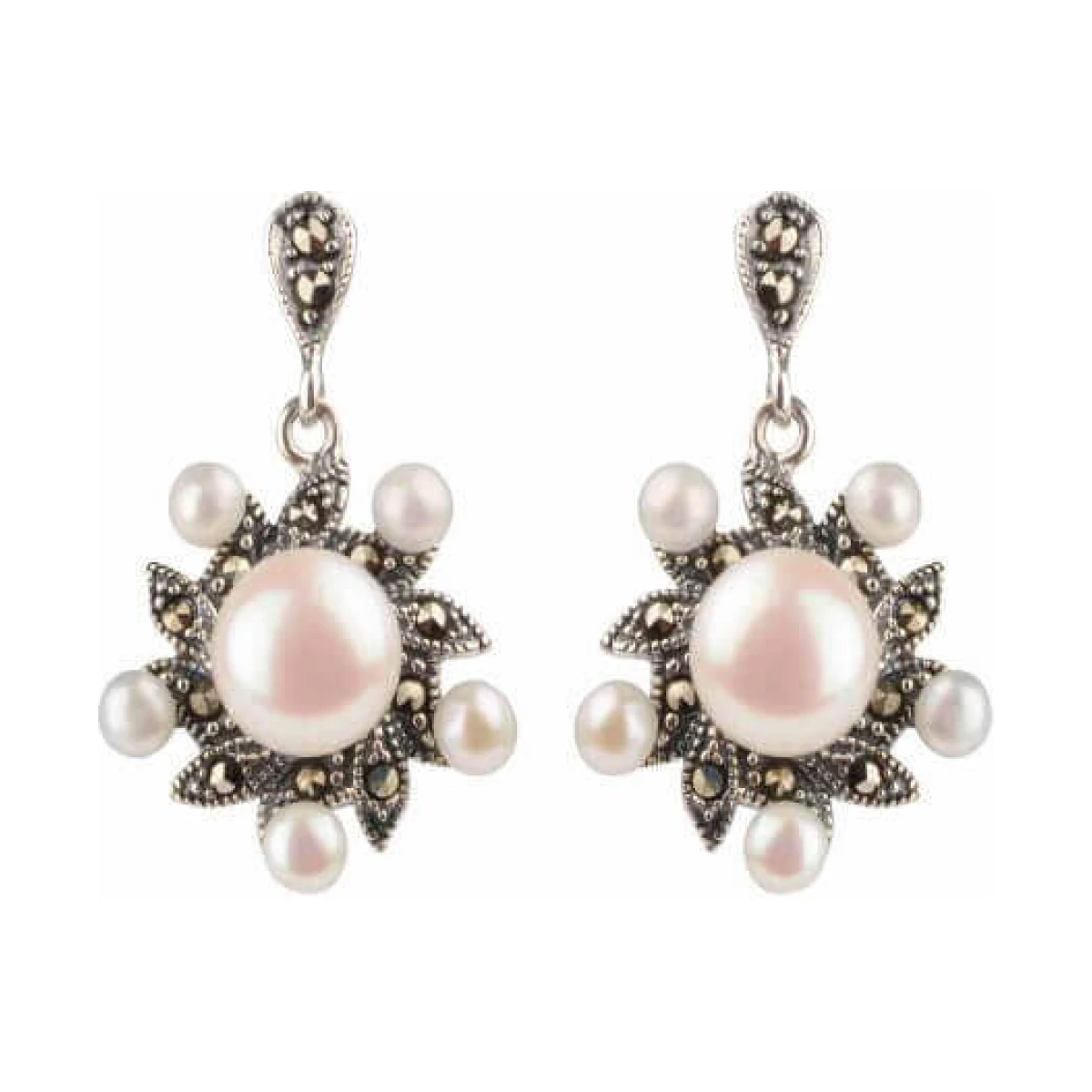  Freshwater Cultured Pearl & Marcasite Radiating Drop Earrings  |  Silver