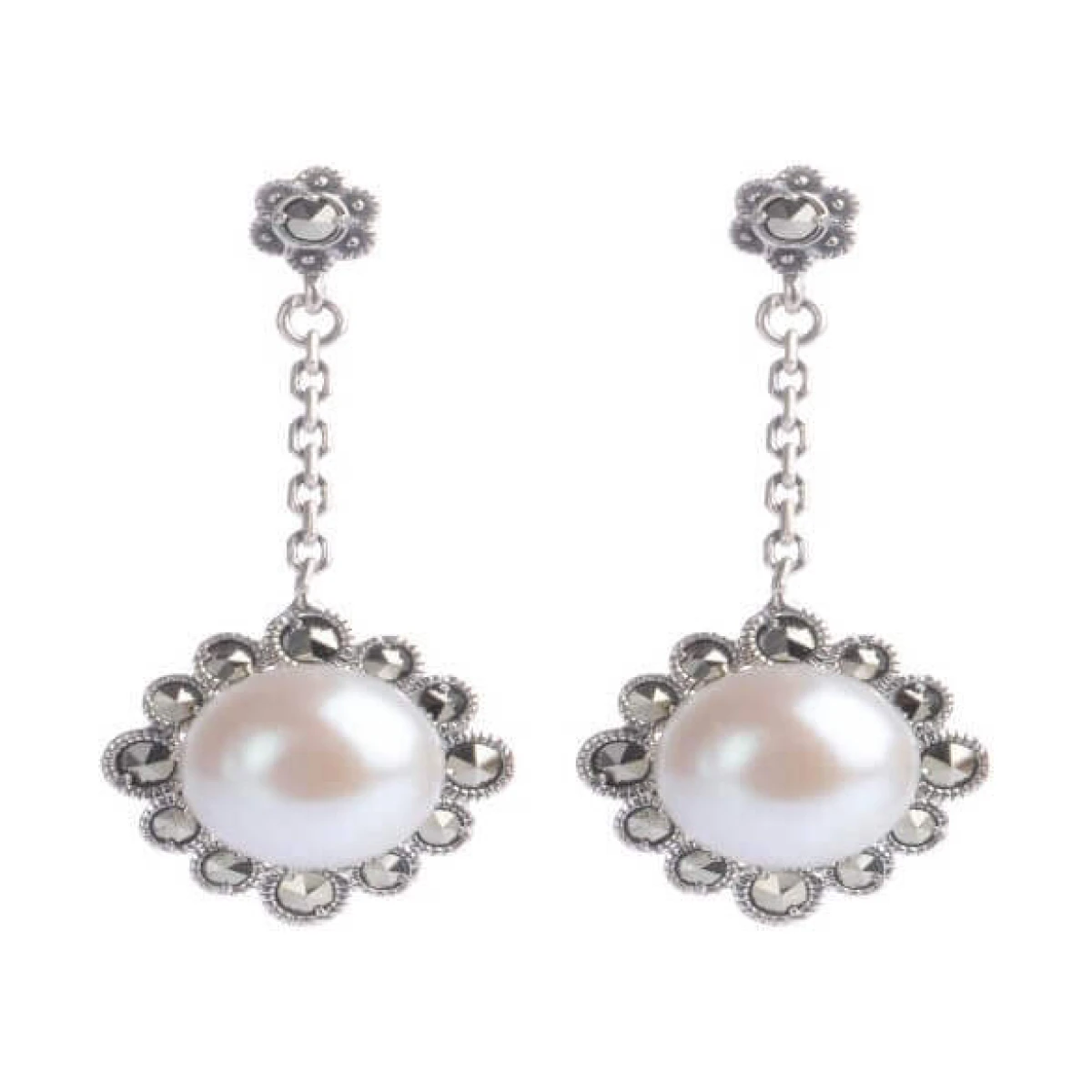Freshwater Cultured Pearl & Marcasite Drop Earrings  |  Silver 