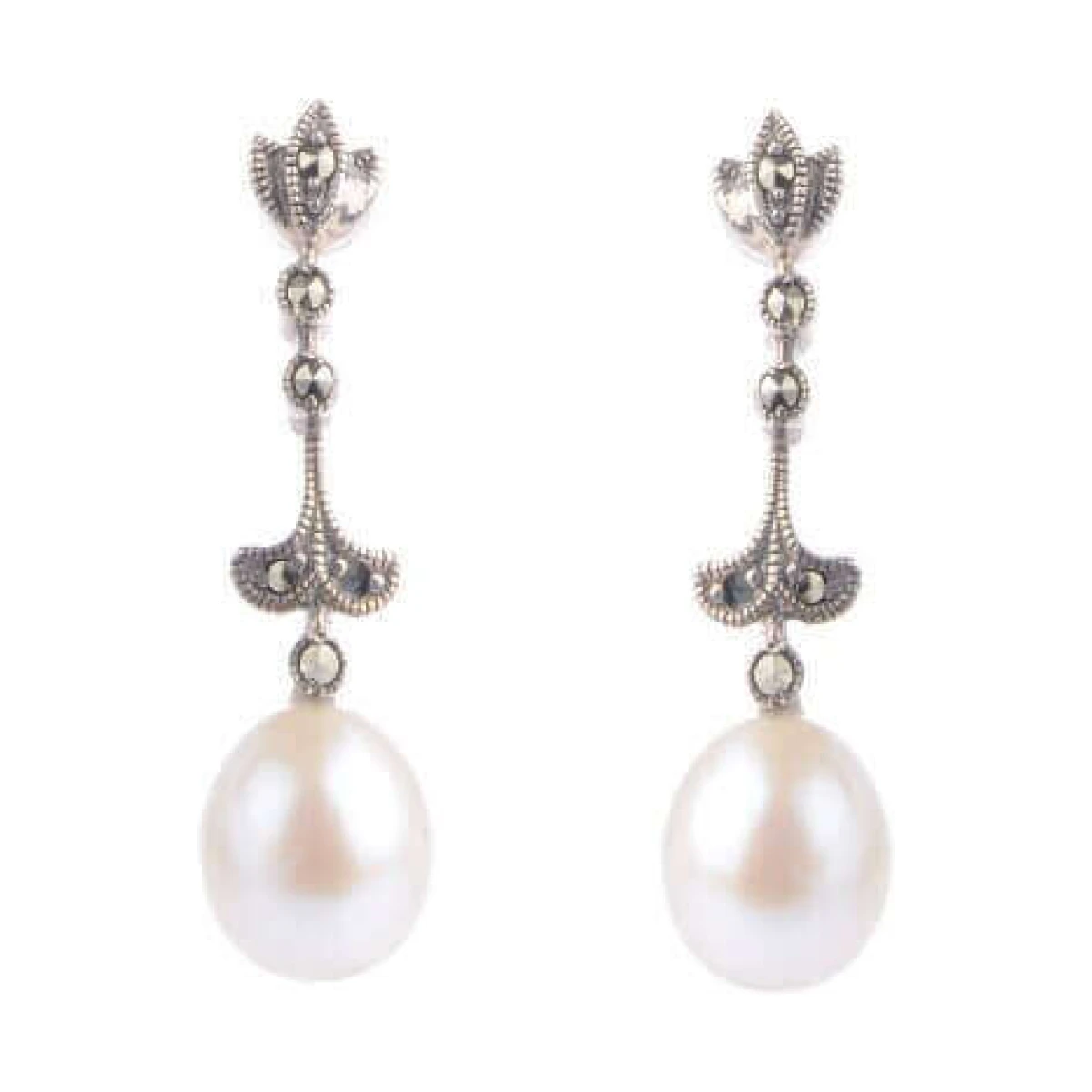  Freshwater Cultured Pearl & Marcasite Fleur-de Lys Drop Earrings  |  Silver