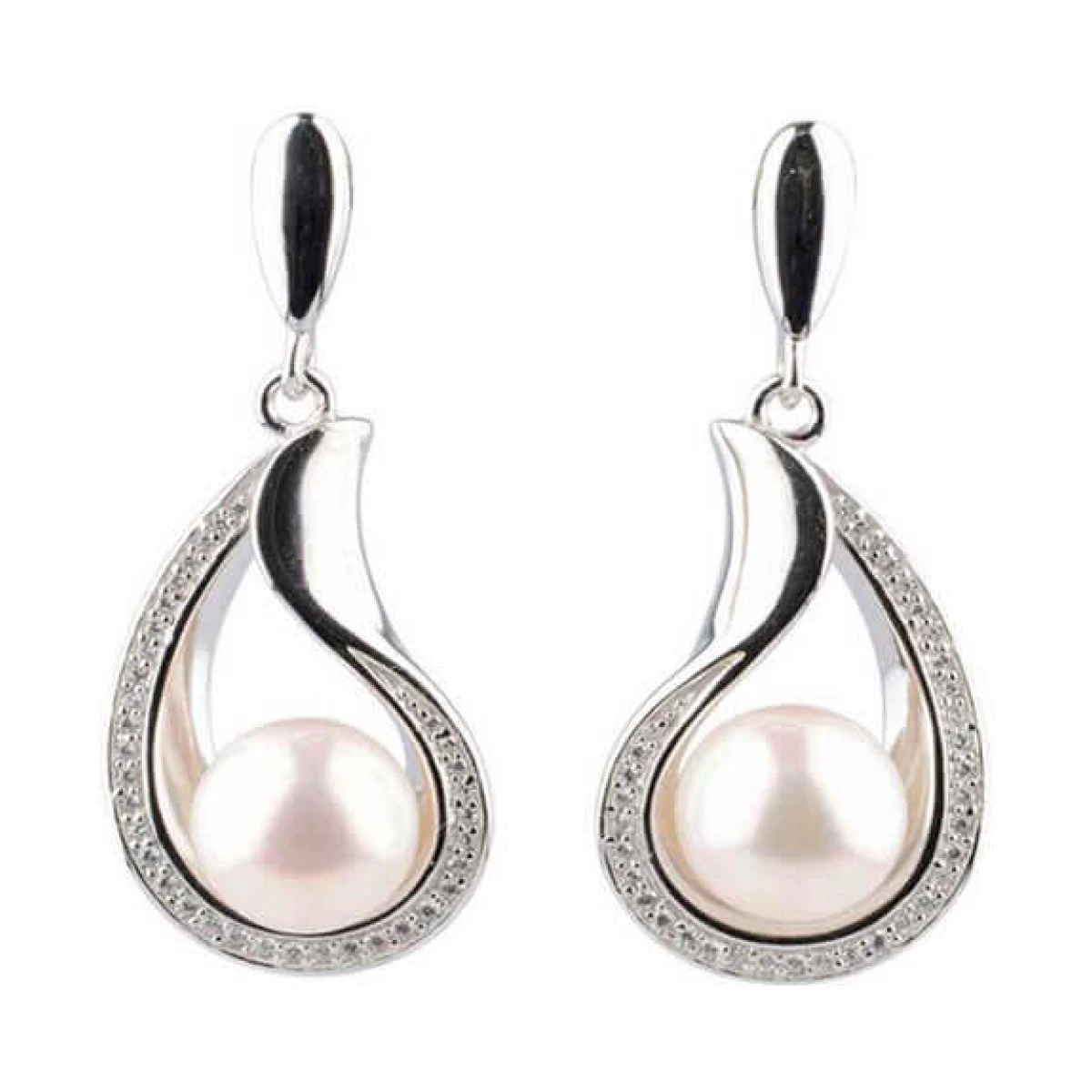 Freshwater Cultured Pearl & Cubic Zirconia Curvy Pear-shape Drop Earrings  |  Silver 
