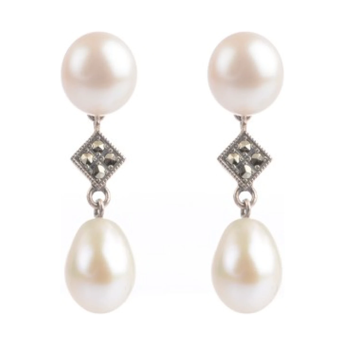 Freshwater Cultured Pearl & Marcasite Double Drop Earrings  |  Silver 