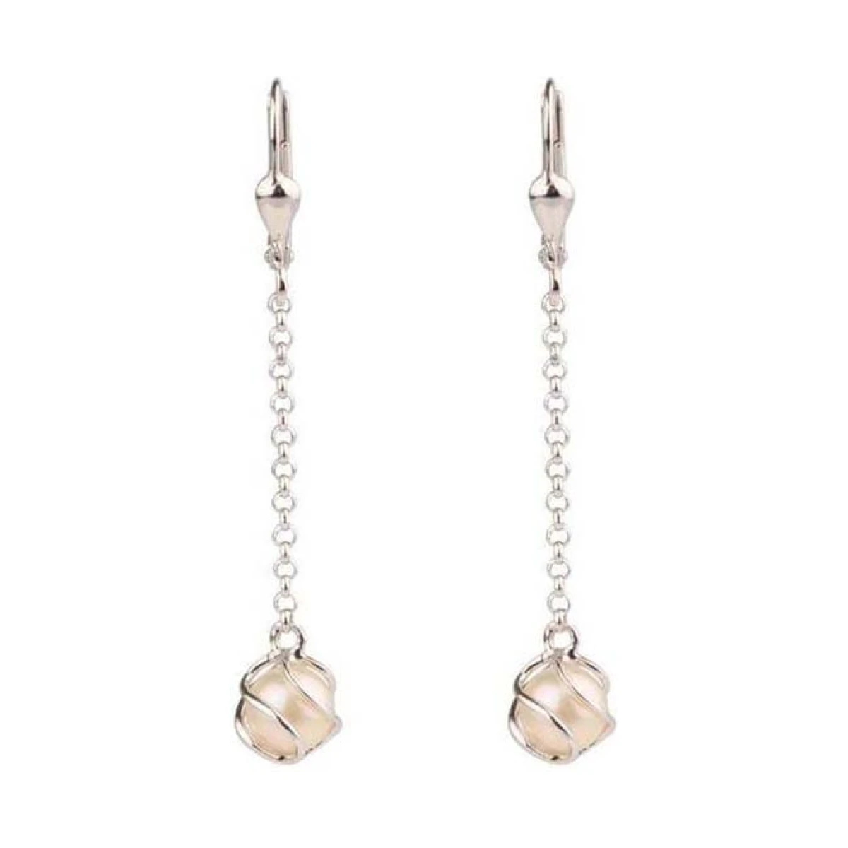 Freshwater Cultured Pearl Cage Long Drop Earrings  |  Silver 