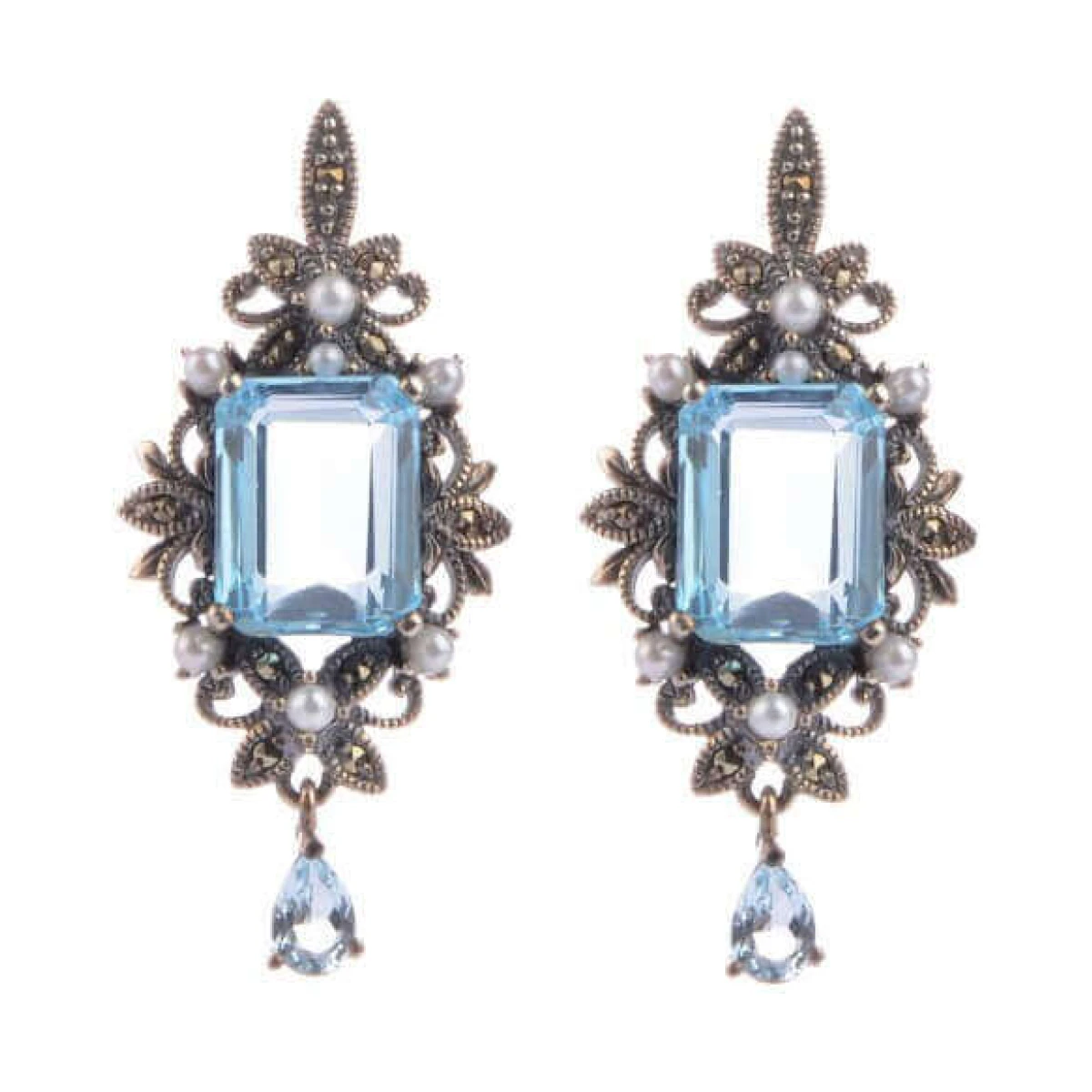 Freshwater Pearl, Blue Topaz & Marcasite Antique Design Earrings  |  Silver 