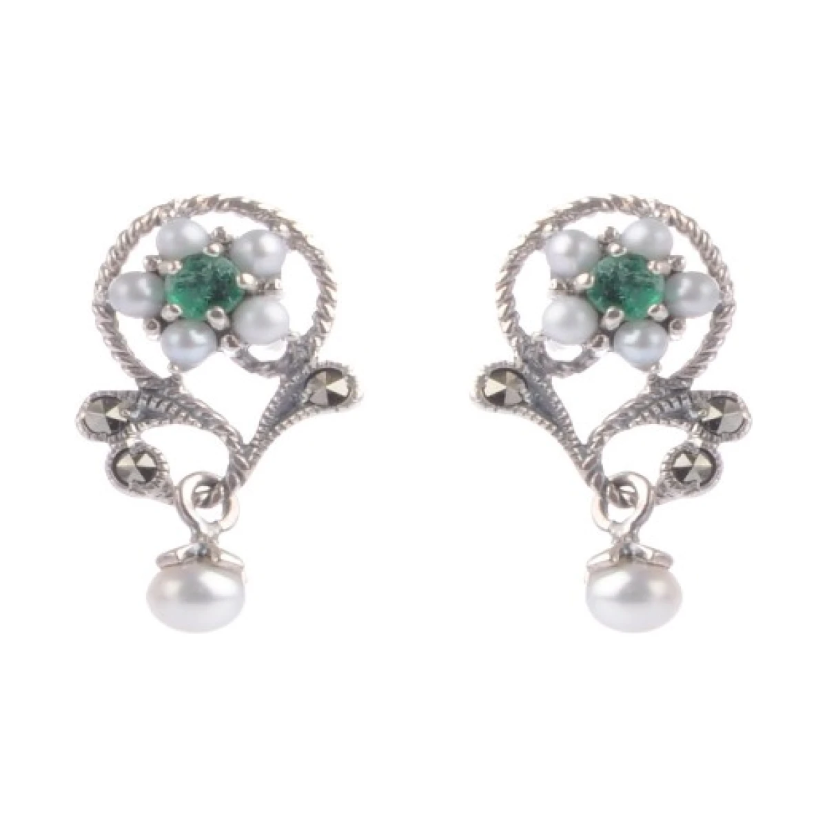 Freshwater Cultured Pearl, Emerald & Marcasite Floral Earrings  |  Silver 