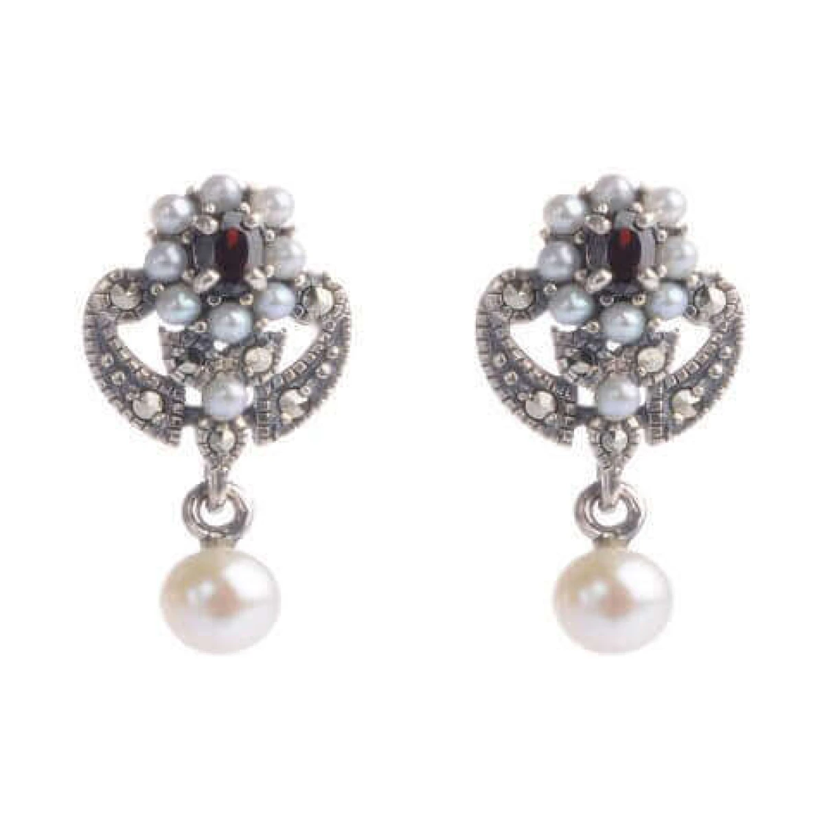 Garnet & Seed Pearl Antique Design Earrings  |  Silver 
