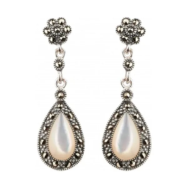 Mother Of Pearl & Marcasite Pear-Shape Drop Earrings  |  Silver 