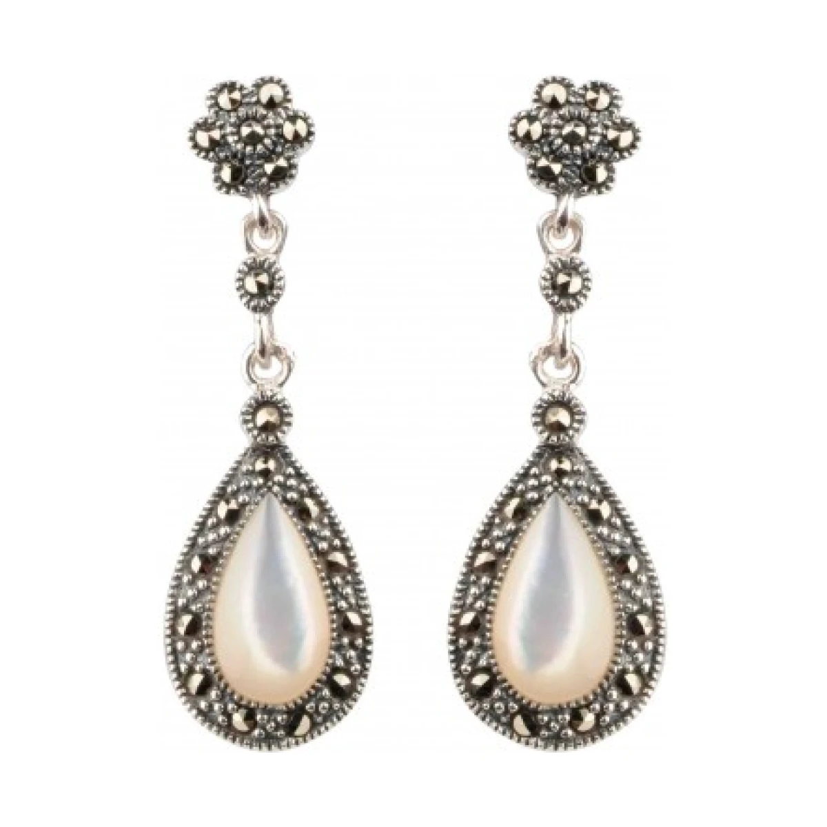 Mother Of Pearl & Marcasite Pear-Shape Drop Earrings  |  Silver 
