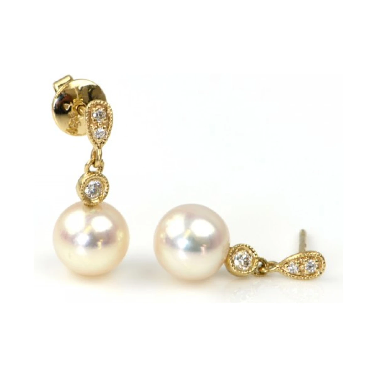 Vintage Style Freshwater Pearl & Diamond Drop Earrings  |  9ct Gold