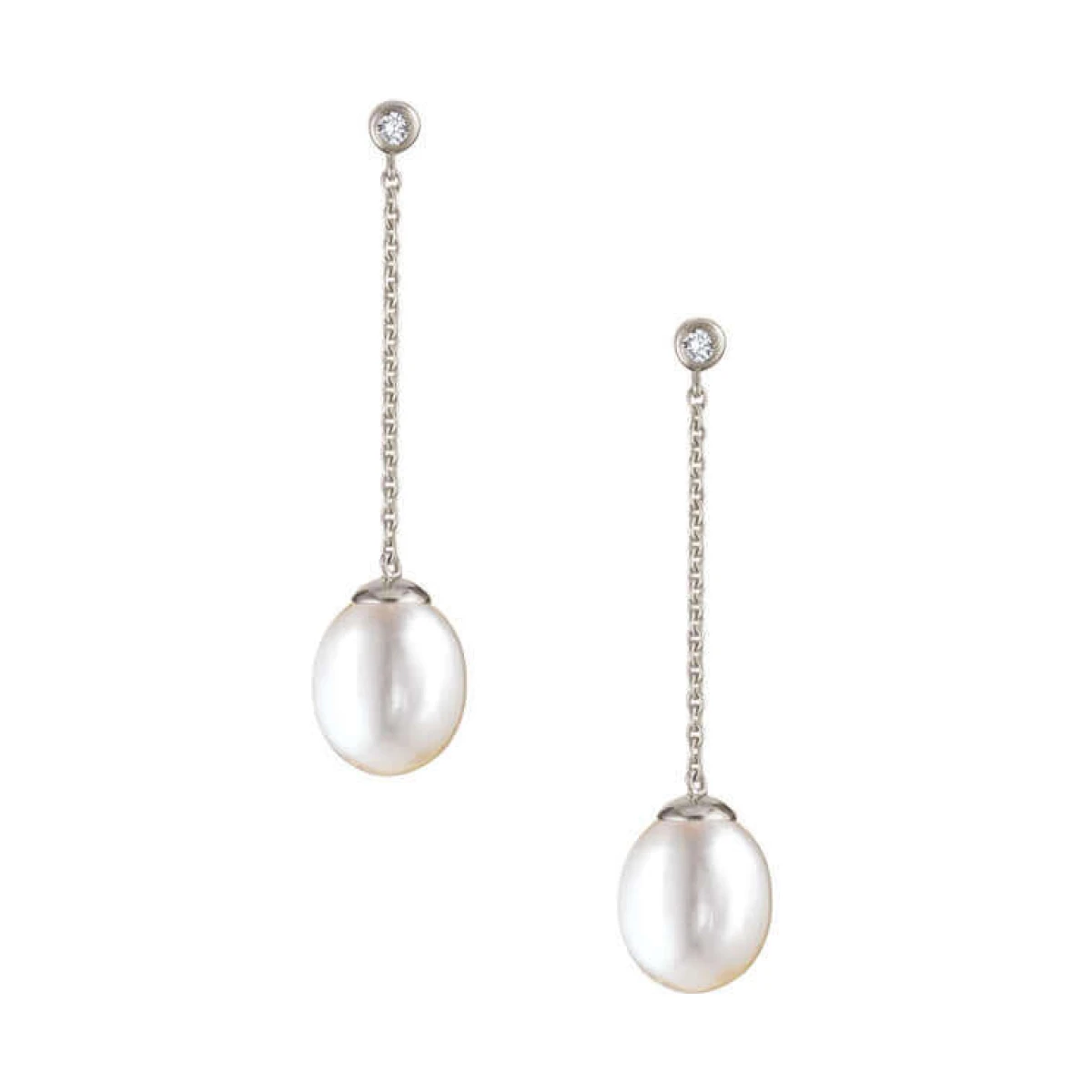 Long Chain Drop Freshwater Pearl & Diamond Earrings  |  9ct Gold
