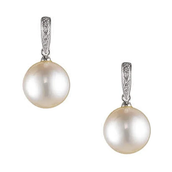 Dainty Vintage Style Freshwater Pearl & Diamond Earrings  |  18ct White Gold