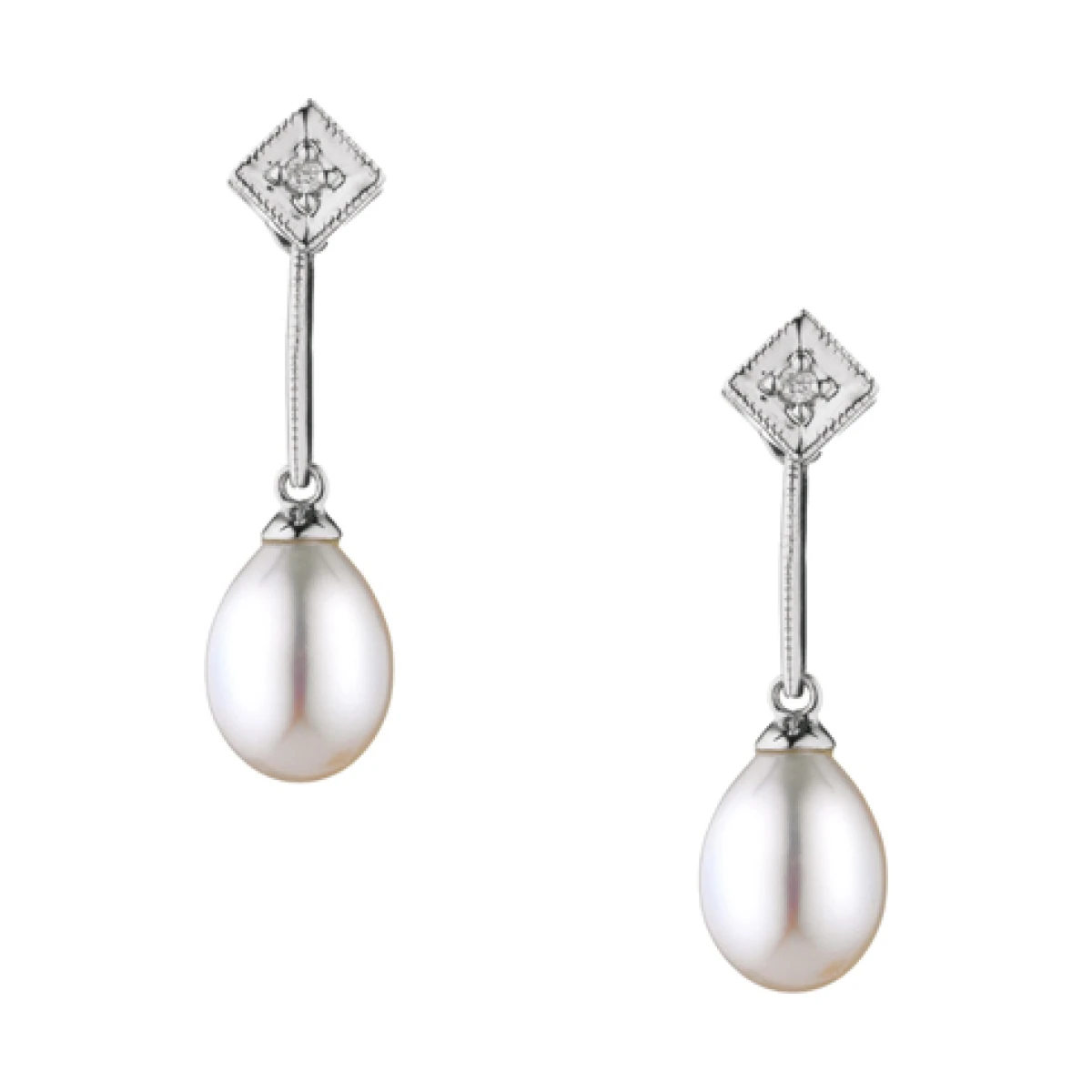 Edwardian Design Freshwater Pearl & Diamond Drop Earrings  |  9ct White Gold