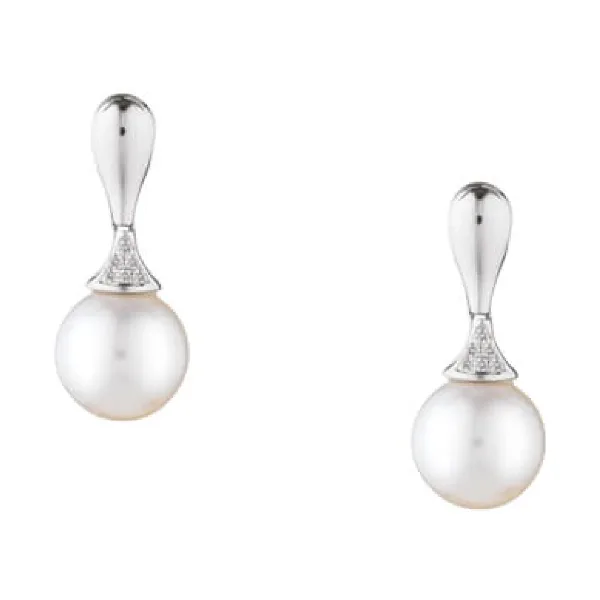 Contemporary Pear-shape Pearl and Diamond Drop Earrings  |  18ct White Gold