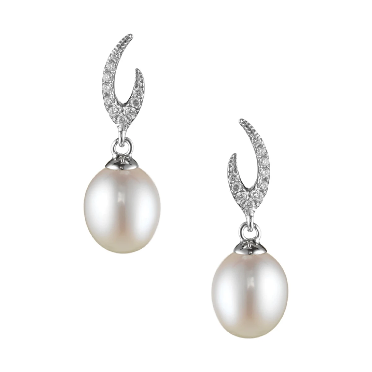 Contemporary Flame Design Freshwater Pearl & Diamond Drop Earrings  |  18ct White Gold