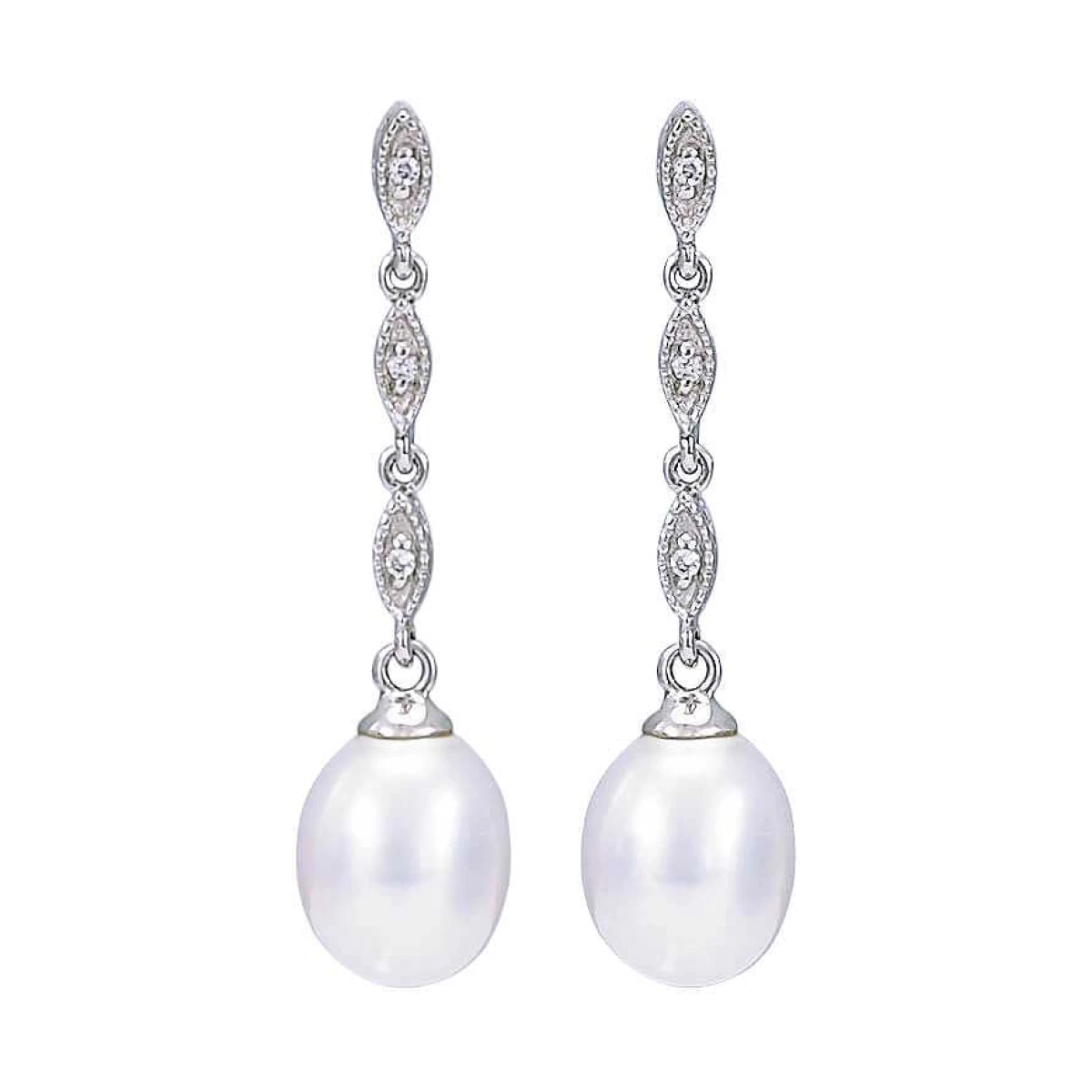 Freshwater Pearl & Diamond Navette Drop Earrings  |  9ct White Gold