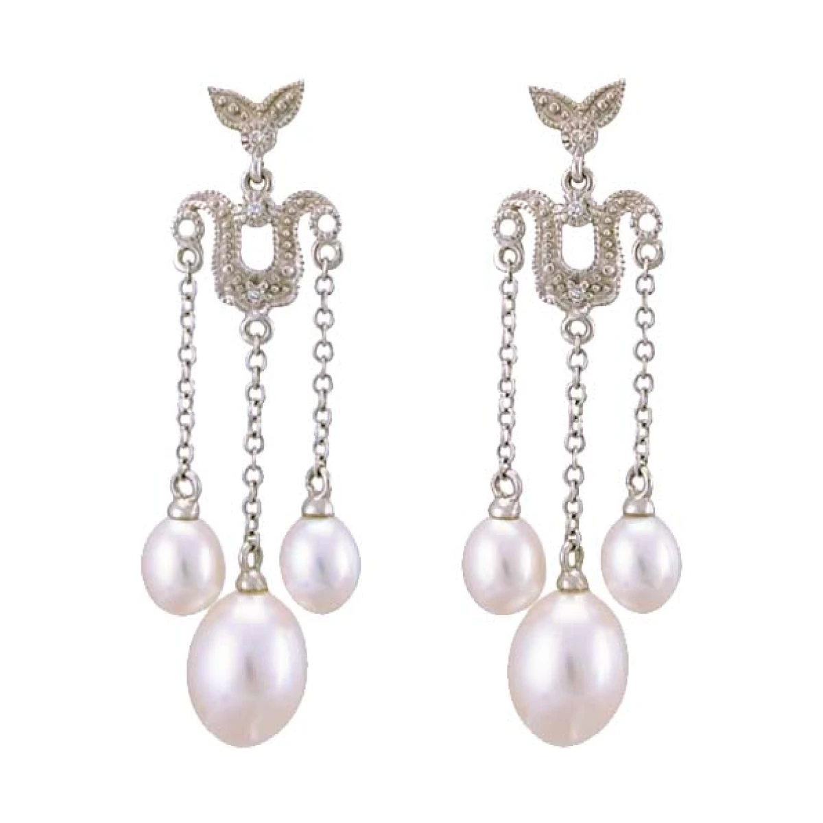 Freshwater Pearl & Diamond Triple Drop Antique Style Earrings  |  9ct White Gold
