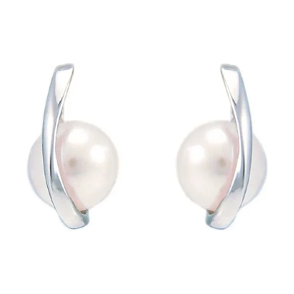 Contemporary Cradled Pearl Earrings  |  Silver 