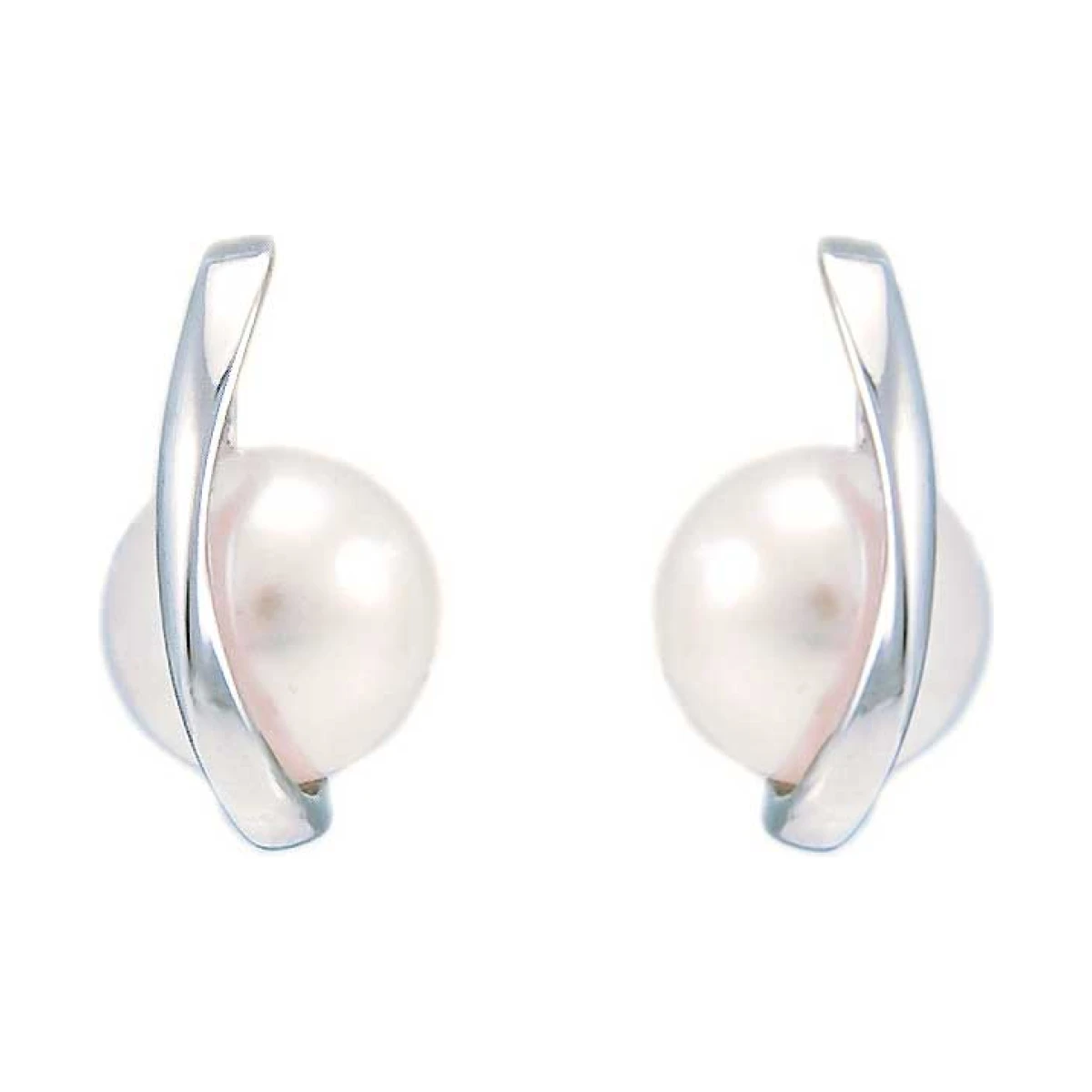 Contemporary Cradled Pearl Earrings  |  Silver 