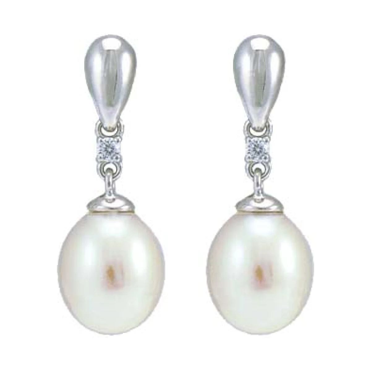 Freshwater Pearl & Cubic Zirconia Inverted Drop Earrings  |  Silver