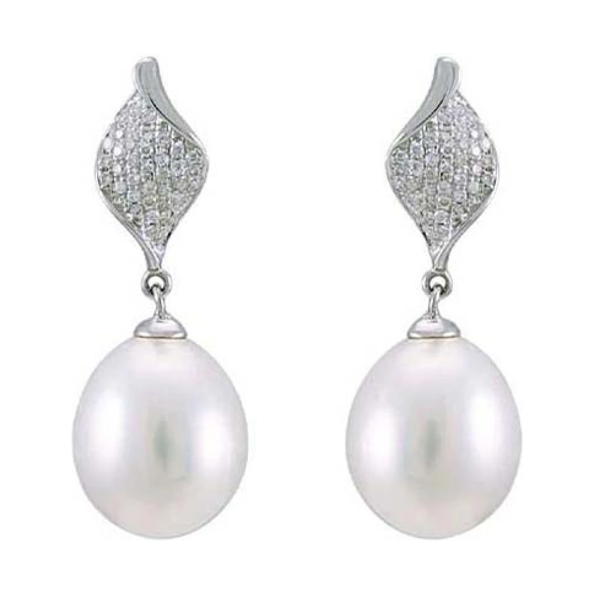 Freshwater Pearl & Diamond Contemporary Twisted Leaf Design Earrings  |  18ct White Gold