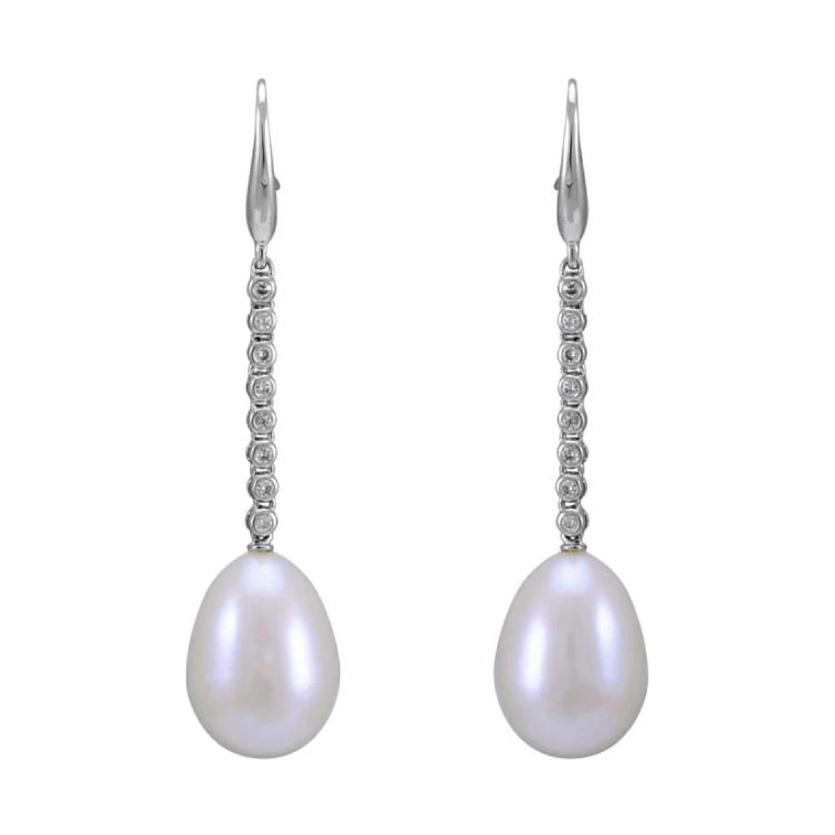 Freshwater Pearl & Diamond Collet Line Drop Hook Wire Earring  |  18ct White Gold