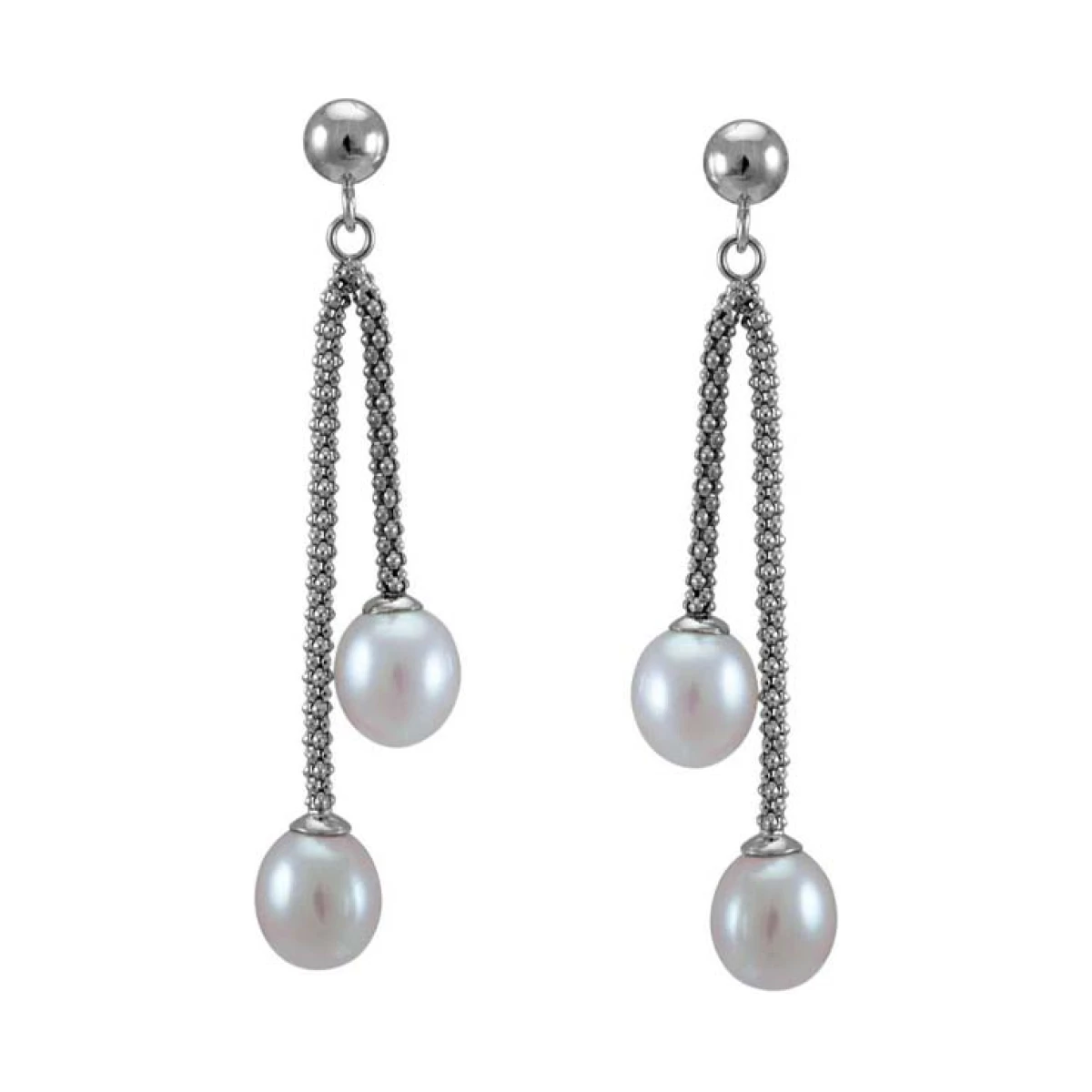 Freshwater Pearl Double Drop Chain Link Earrings  |  Silver