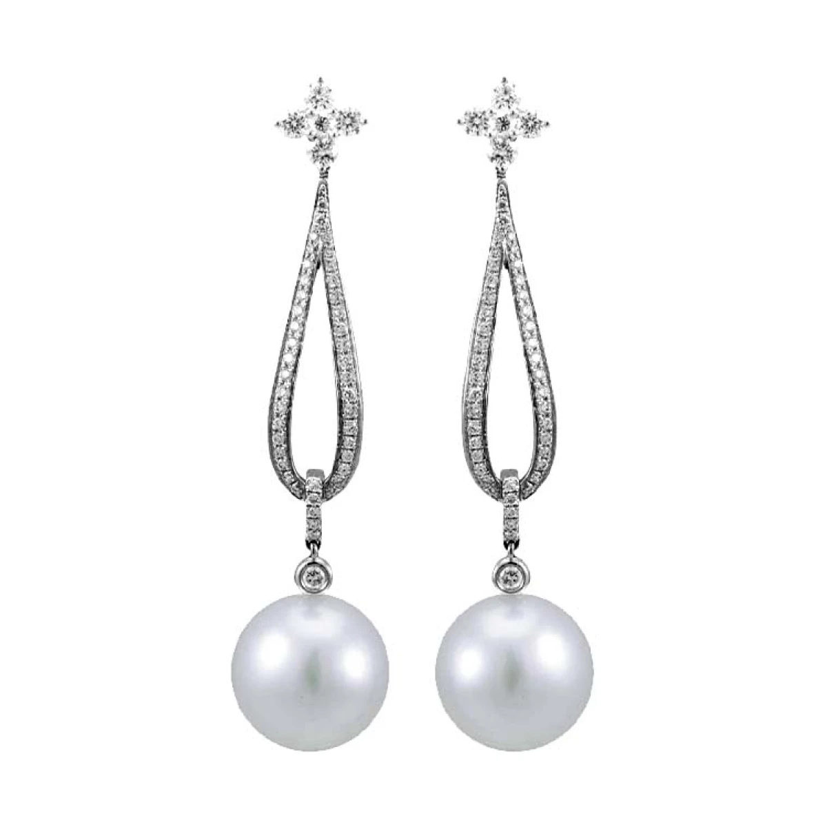 South Sea Pearl & Diamond Elegant Long Drop Earrings  |  18ct White Gold