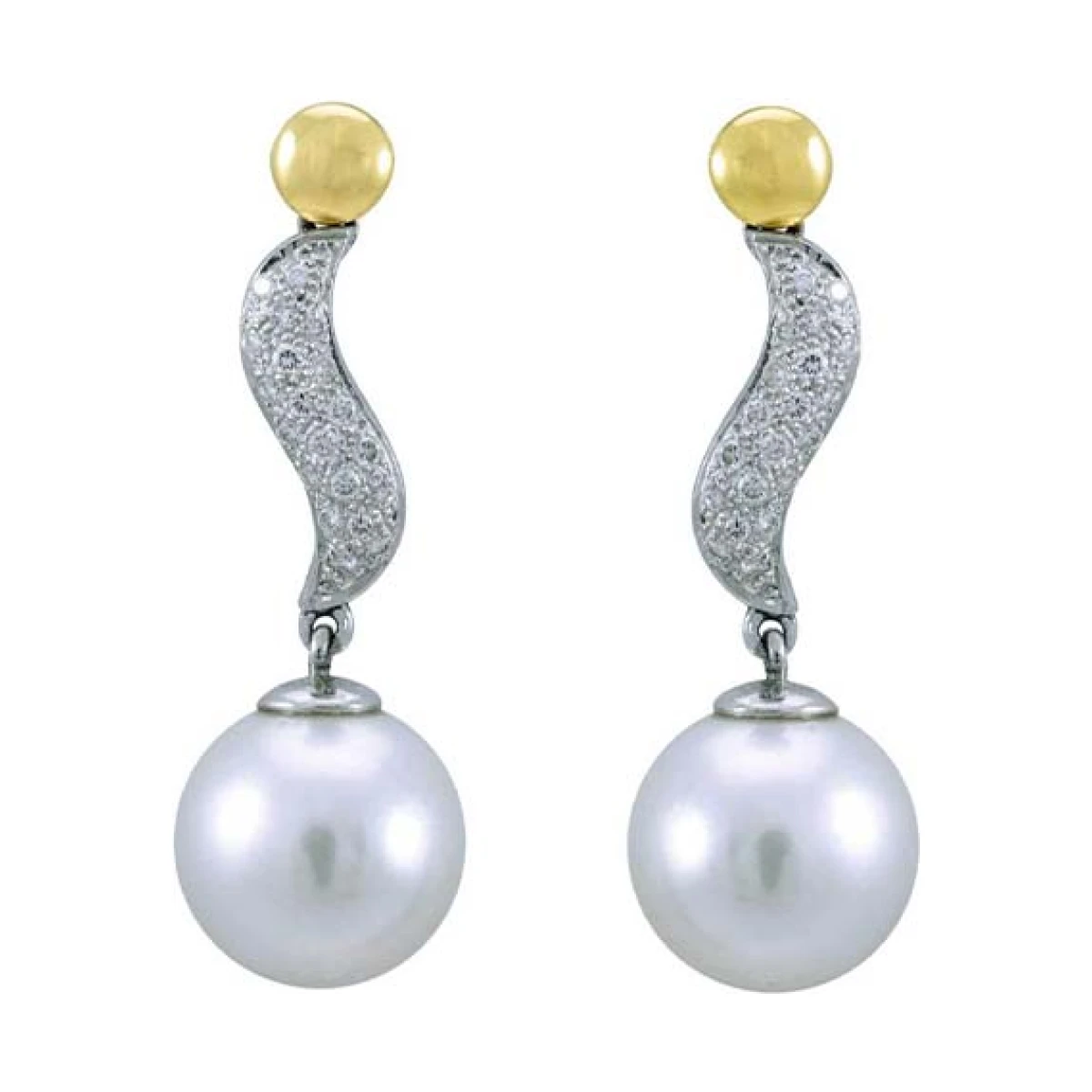 South Sea Pearl & Diamond "S" Shape Design Earrings  |  18ct Yellow & White Gold