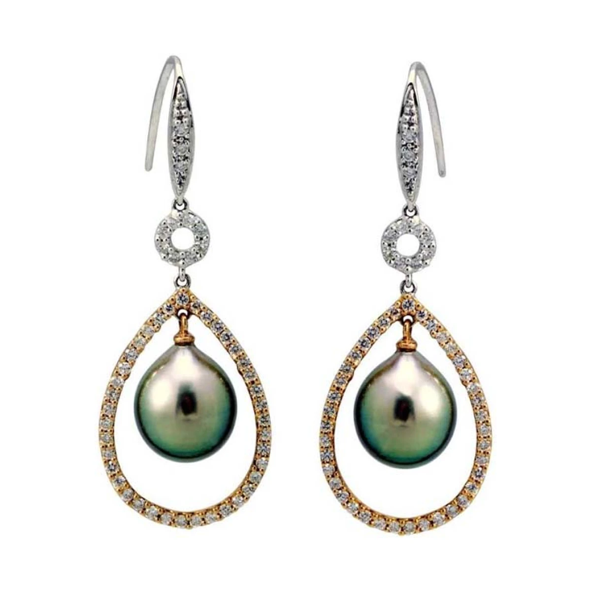 Tahitian Pearl & Diamond Bi Colour Hook-Wire Earrings  |  18ct Gold