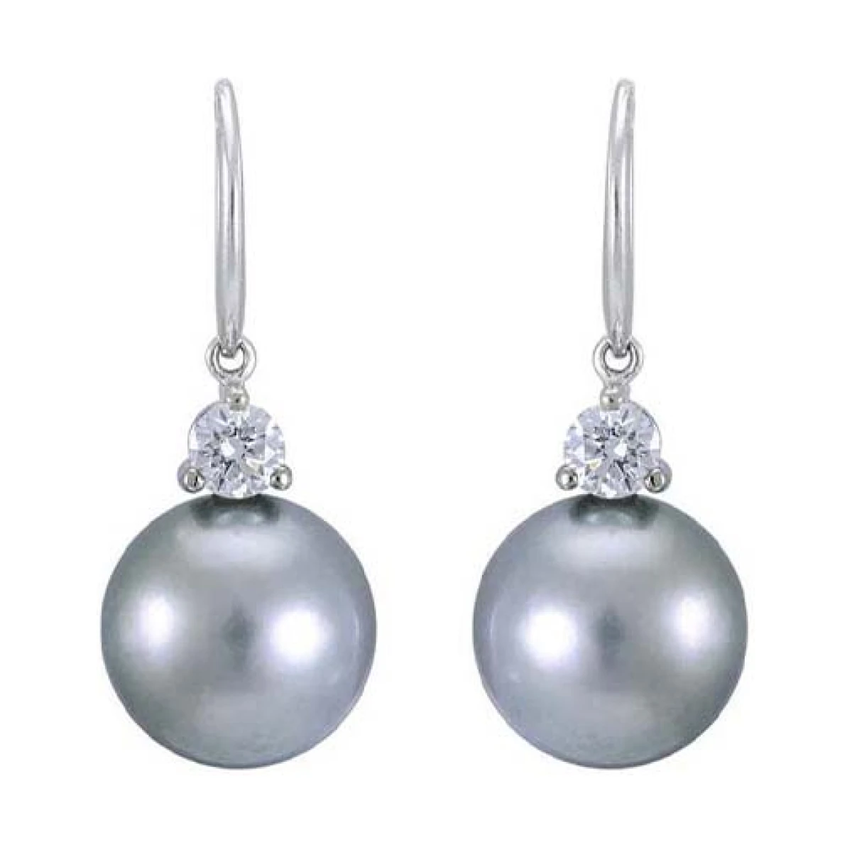 Tahitian Pearl & Diamond 3 Claw Hook Wire Earrings  |  18ct White Gold