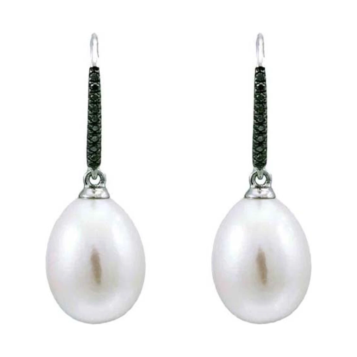 Freshwater Pearl & Black Diamond Hook Drop Earrings  |  18ct White Gold