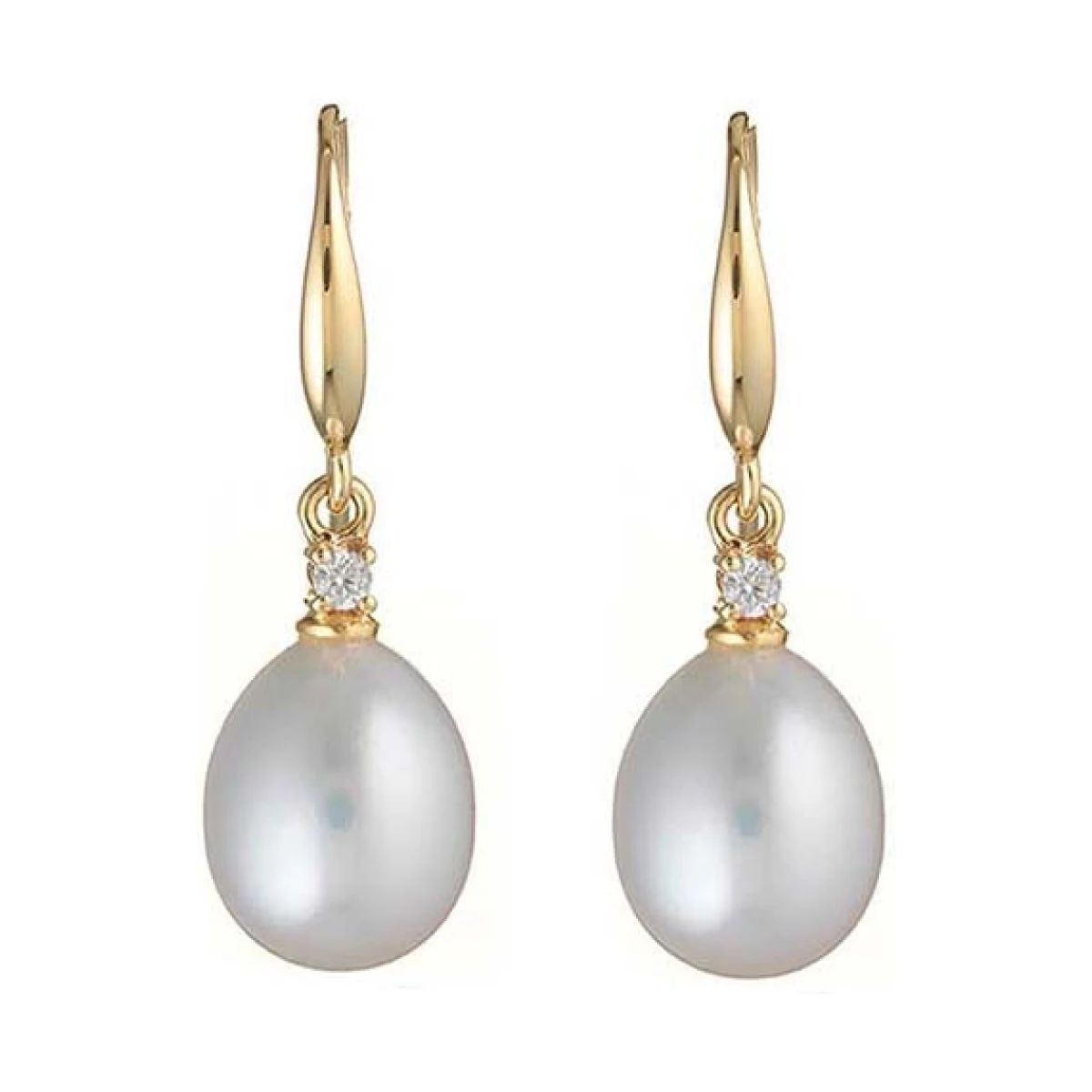 Freshwater Pearl Four Claw Diamond Hook Earrings  |  18ct Yellow Gold 