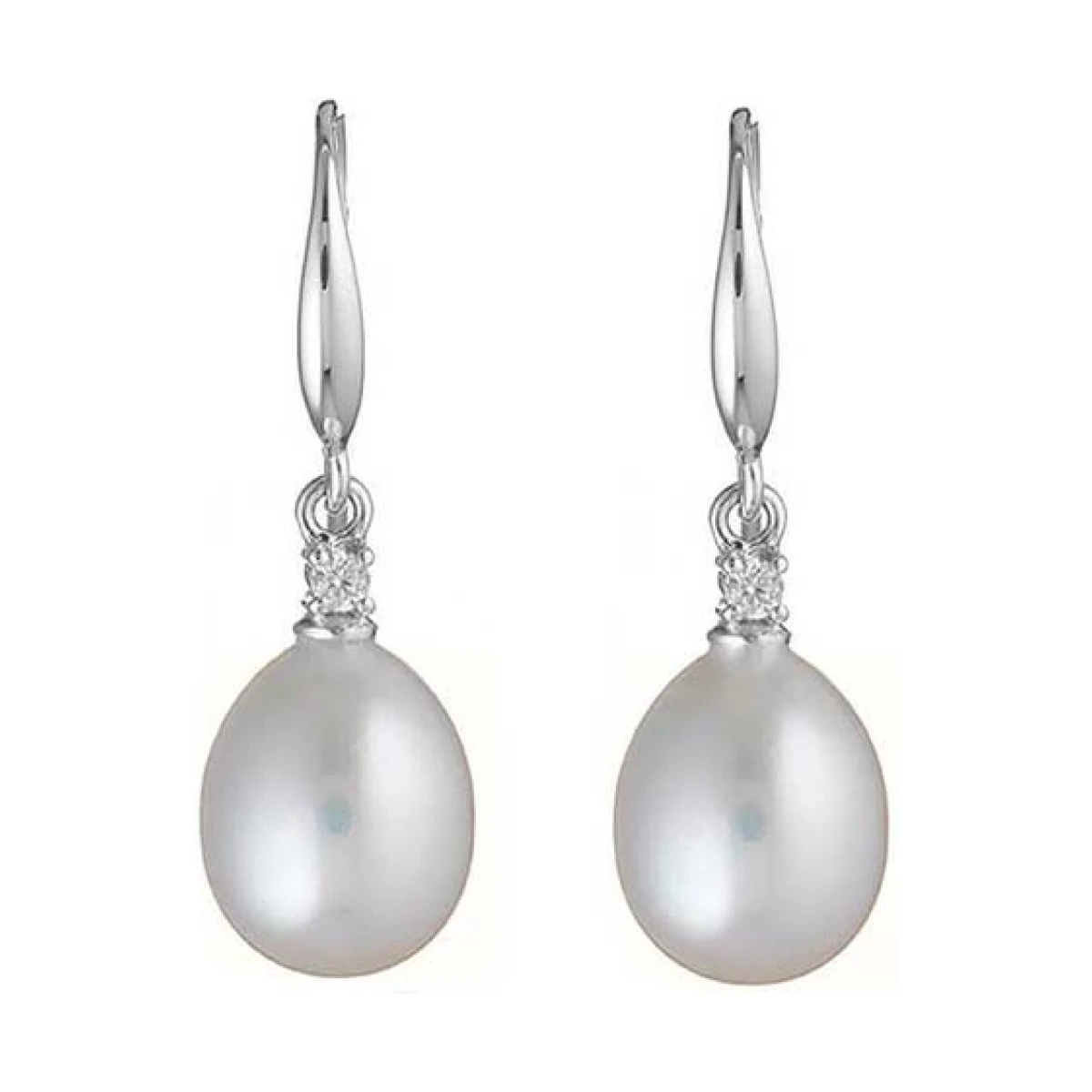 Freshwater Pearl Four Claw Diamond Hook Earrings  |  18ct White Gold 