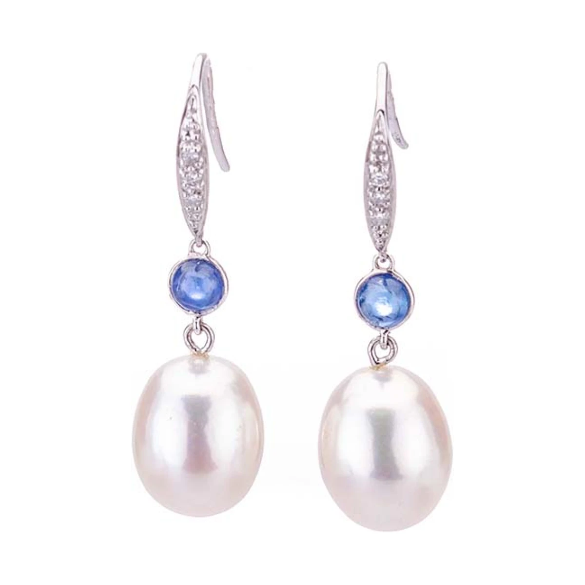 Freshwater Drop Pearl & Sapphire Diamond Hook Earrings  |  18ct White Gold