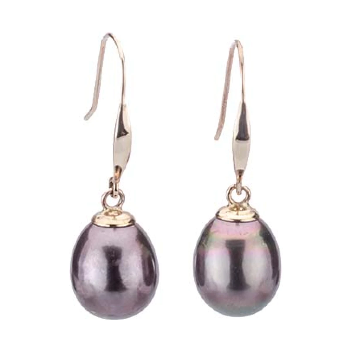 Black Freshwater Pearl Simple Hook Drop Earrings  | 9ct Yellow Gold 