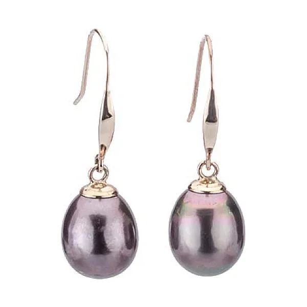 Black Freshwater Pearl Simple Hook Drop Earrings  | 9ct Yellow Gold 