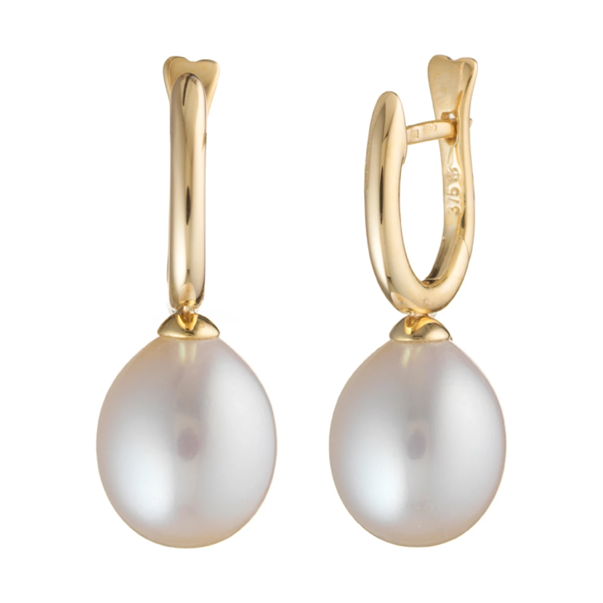 Freshwater Pearl Drop Huggie Earrings  |  9ct Yellow Gold