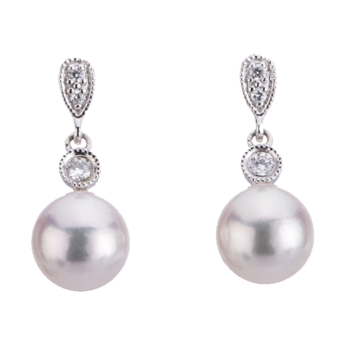 Akoya Pearl & Diamond Milgrain Drop Earrings  | 18ct white Gold 