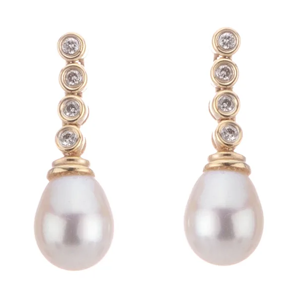 Freshwater Pearl & Diamond Drop Earrings  |  14ct Yellow Gold