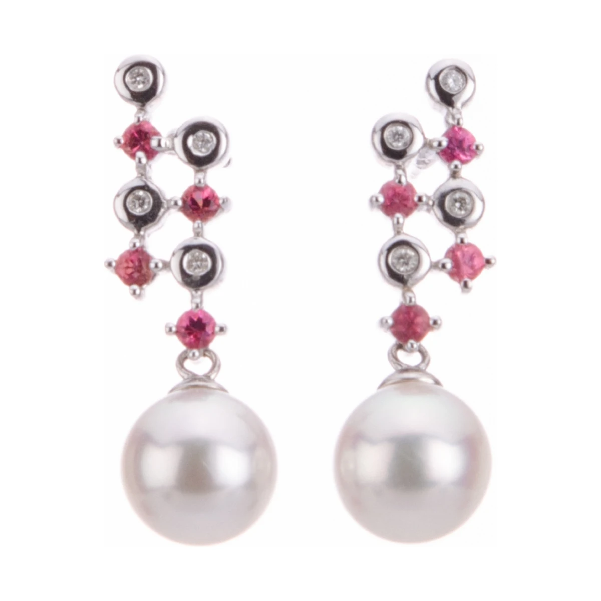 Akoya Pearl Diamond & Pink Tourmaline Drop Earrings  |  18ct White Gold