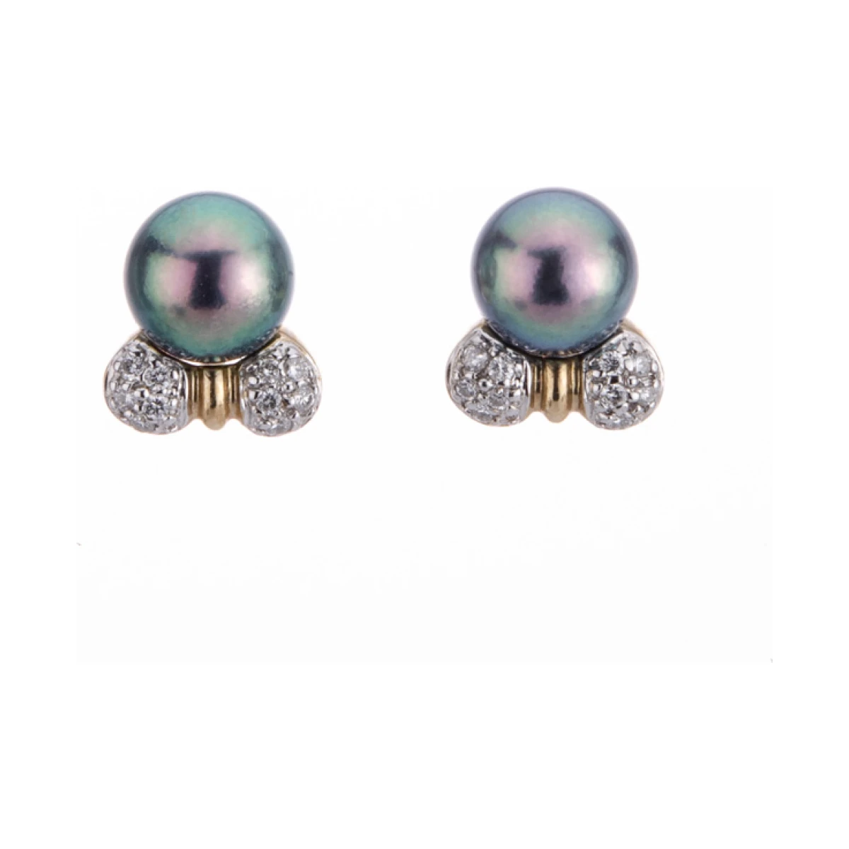 Black Akoya Pearl & Diamond Stud Earings  |  9ct Yellow Gold