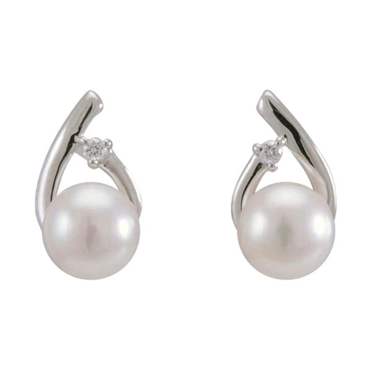 Freshwater Pearl & Claw Set Diamond Crossover Stud Earrings  |  9ct White Gold