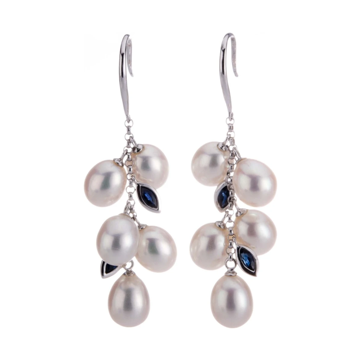 Freshwater Drop Pearl & Sapphire Cascade Earrings  |  14ct White Gold