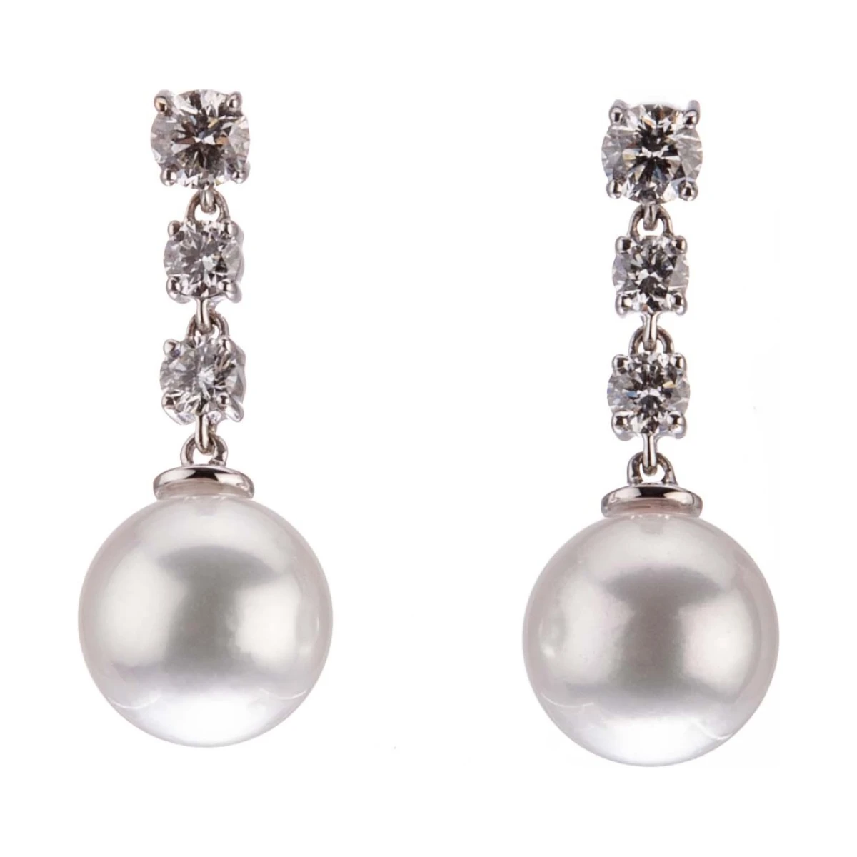 Akoya Pearl & Triple Diamond Drop Earrings  | 18ct White Gold 